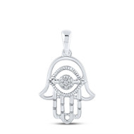 10K White Gold Round Cut Diamond Women's Cluster Cut Out Hamsa Hand Pendant 1/20 CT.