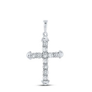 10K White Gold Round Cut Diamond Unisex Latin Cross w/ Caps Pendant 1/3 CT.