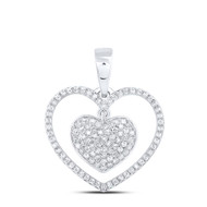 10K White Gold Genuine Diamond Women's Double Heart Pendant Dangler Charm 1/3 CT