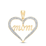 10K Yellow Gold Round Cut Diamond Women's Heart w/ MOM Family Pendant 1/10 CT.