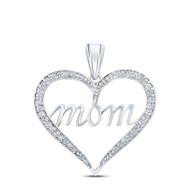 10K White Gold Round Cut Diamond Women's Heart w/ MOM Family Pendant 1/10 CT.