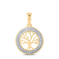 10K Yellow Gold Round Cut Diamond Women's Tree of Life Medallion Circle Pendant 1/10 CT.