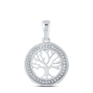 10K White Gold Round Cut Diamond Women's Tree of Life Medallion Circle Pendant 1/10 CT.