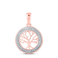 10K Rose Gold Round Cut Diamond Women's Tree of Life Medallion Circle Pendant 1/10 CT.
