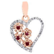 10K Rose Gold Reddish Ruby Round Diamond Love Heart Pendant 0.65" Charm 1/8 CT.