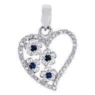 10K White Gold Blue Sapphire Round Diamond Love Heart Pendant 0.65" Charm 1/8 CT