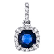 14K White Gold Cushion Blue Sapphire & Diamond Fancy Pendant 0.55" Charm 3/4 CT.