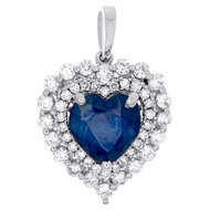 14K White Gold Oval Blue Sapphire & Diamond Halo Love Heart Pendant Charm 5/8 CT
