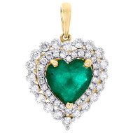 14K Yellow Gold Oval Emerald & Diamond Halo Love Heart Pendant Charm 5/8 CT