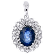 14K White Gold Oval Natural Blue Sapphire & Diamond Pendant 0.80" Charm 1.50 CT.