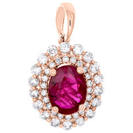 14K Rose Gold Oval Natural Ruby & Diamond Pendant 0.80" Halo Fancy Charm 1.50 CT.
