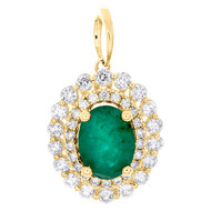 14K Yellow Gold Oval Natural Emerald & Diamond Pendant 0.80" Halo Charm 1.50 CT.