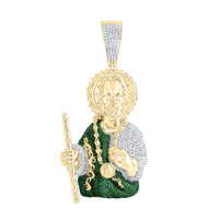 10K Yellow Gold Emerald & Diamond Men's 3D St. Jude Pendant Iced Charm 2.75 CT