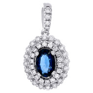14K White Gold Oval Natural Blue Sapphire & Diamond Pendant 0.75" Charm 3/4 CT.