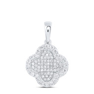 10K White Gold Round Cut Diamond Women's 4 Leaf Clover Good Luck Cluster Pendant 1/4 CT.