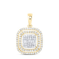 10K Yellow Gold Round & Baguette Diamond Women's Triple Square Halo Cushion Pendant 1/2 CT.