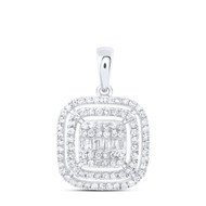 10K White Gold Round & Baguette Diamond Women's Triple Square Halo Cushion Pendant 1/2 CT.