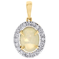 10K Yellow Gold Natural Opal Gemstone & Diamond Halo Pendant 0.85" Charm 1/4 CT.