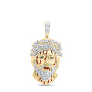 10K Yellow Gold Diamond Mens Enamel Bleeding Jesus Face w/ Crown Pendant 1.20 CT