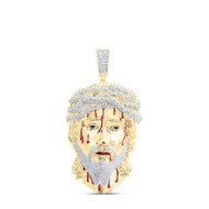 10K Yellow Gold Diamond Mens Enamel Bleeding Jesus Face w/ Crown Pendant 3.75 CT