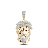 10K Yellow Gold Diamond Mens Enamel Bleeding Jesus Face w/ Crown Pendant 2.75 CT