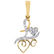 10K Yellow Gold Real Round  Diamond Double Heart Love Pendant 1" Charm 1/8 CT.