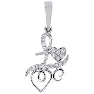 10K White Gold Real Round  Diamond Double Heart Love Pendant 1" Charm 1/8 CT.
