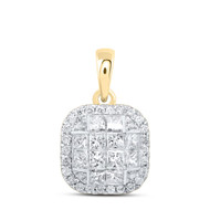 14K Yellow Gold Princess Diamond Women's Square Pendant Cushion Charm 7/8 CT