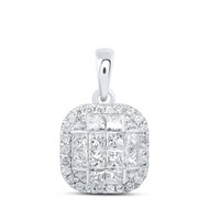 14K White Gold Princess Diamond Women's Square Pendant Cushion Charm 7/8 CT