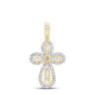 10K Yellow Gold Baguette Diamond Budded Cross Pendant Women's Charm 5/8 CT