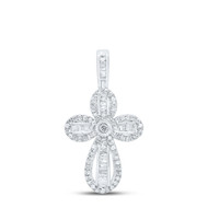 10K White Gold Baguette Diamond Budded Cross Pendant Women's Charm 5/8 CT