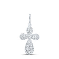 10K White Gold Real Diamond Women's Budded Cross Pendant Cluster Charm 1/2 CT