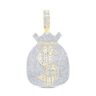 10K Yellow Gold Baguette Diamond Mens Iced Dollar Sign Money Bag Pendant 4.33 CT