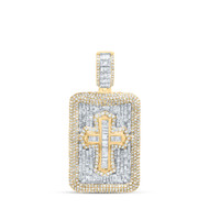 10K Yellow Gold Baguette Diamond Mens Iced Pointed Cross Dog Tag Pendant 3.88 Ct