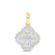 14K Yellow Gold Round & Baguette Diamond Women's 4 Leaf Clover Good Luck Cross Pendant 1/3 CT.