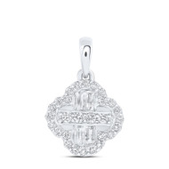 14K White Gold Round & Baguette Diamond Women's 4 Leaf Clover Good Luck Cross Pendant 1/3 CT.