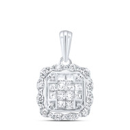 14K White Gold Princess Diamond Women's Wavy Square Pendant Cushion Charm 5/8 CT