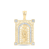 14K Yellow Gold Genuine Diamond Men's Arched Frame Mother Mary Pendant 1/5 CT