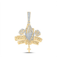 10K Yellow Gold Diamond Men's GRIND HARD PRAY DAILY Praying Hands Pendant 3/4 CT