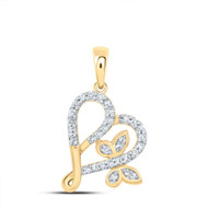 10K Yellow Gold Round Cut Diamond Women's Interlocked Heart & Butterfly Fancy Pendant 1/6 CT.