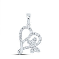 10K White Gold Round Cut Diamond Women's Interlocked Heart & Butterfly Fancy Pendant 1/6 CT.