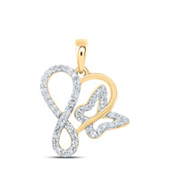 10K Yellow Gold Round Cut Diamond Women's Interlocked Heart w/ Infinity & Butterfly Pendant 1/5 CT.