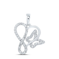 10K White Gold Round Cut Diamond Women's Interlocked Heart w/ Infinity & Butterfly Pendant 1/5 CT.
