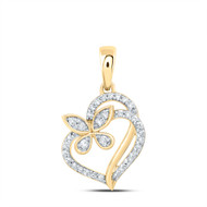 10K Yellow Gold Round Cut Diamond Women's Heart w/ Butterfly Fancy Pendnat 1/8 CT.