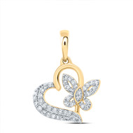10K Yellow Gold Round Cut Diamond Women's Slanted Heart w/ Butterfly Pendant 1/8 CT.