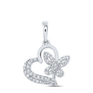 10K White Gold Round Cut Diamond Women's Slanted Heart w/ Butterfly Pendant 1/8 CT.