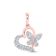 10K Rose Gold Round Cut Diamond Women's Slanted Heart w/ Butterfly Pendant 1/8 CT.