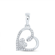 10K White Gold Round Cut Diamond Women's Slanted Double Heart Pendant 1/10 CT.