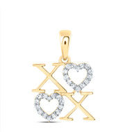 10K Yellow Gold Round Cut Diamond Women's X O w/ Heart Love Pendant 1/8 CT.