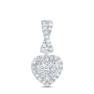 10K White Gold Round & Baguette Diamond Women's Cluster Heart Small Pendant 1/5 CT.